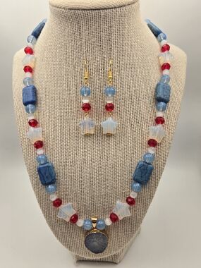 Blue and Red Necklace with Matching Earrings- Opal Stars And Druzy Pendant